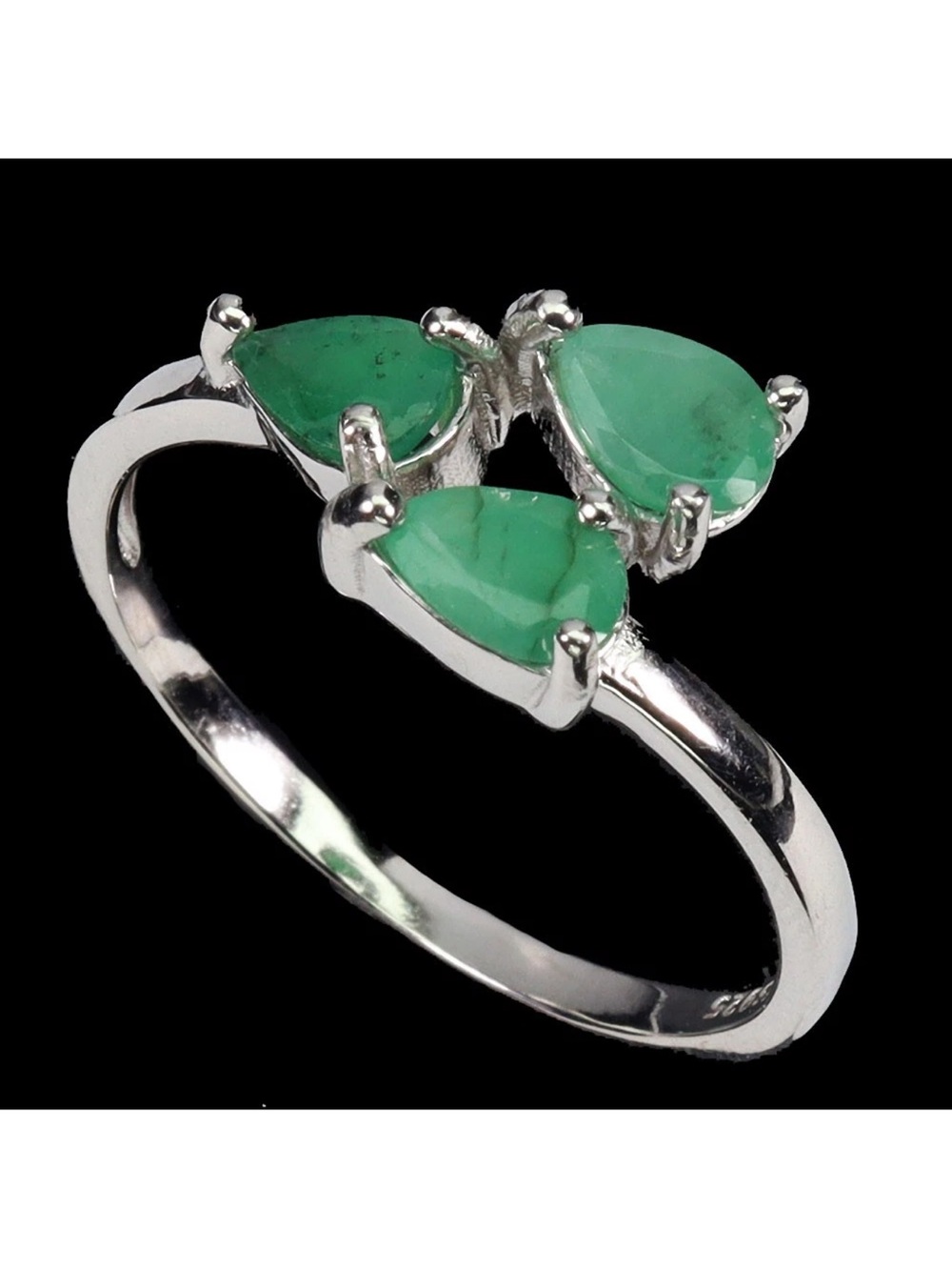 Genuine 6x4mm Emerald Triple Teardrop 925 Sterling Silver Ring Size 8